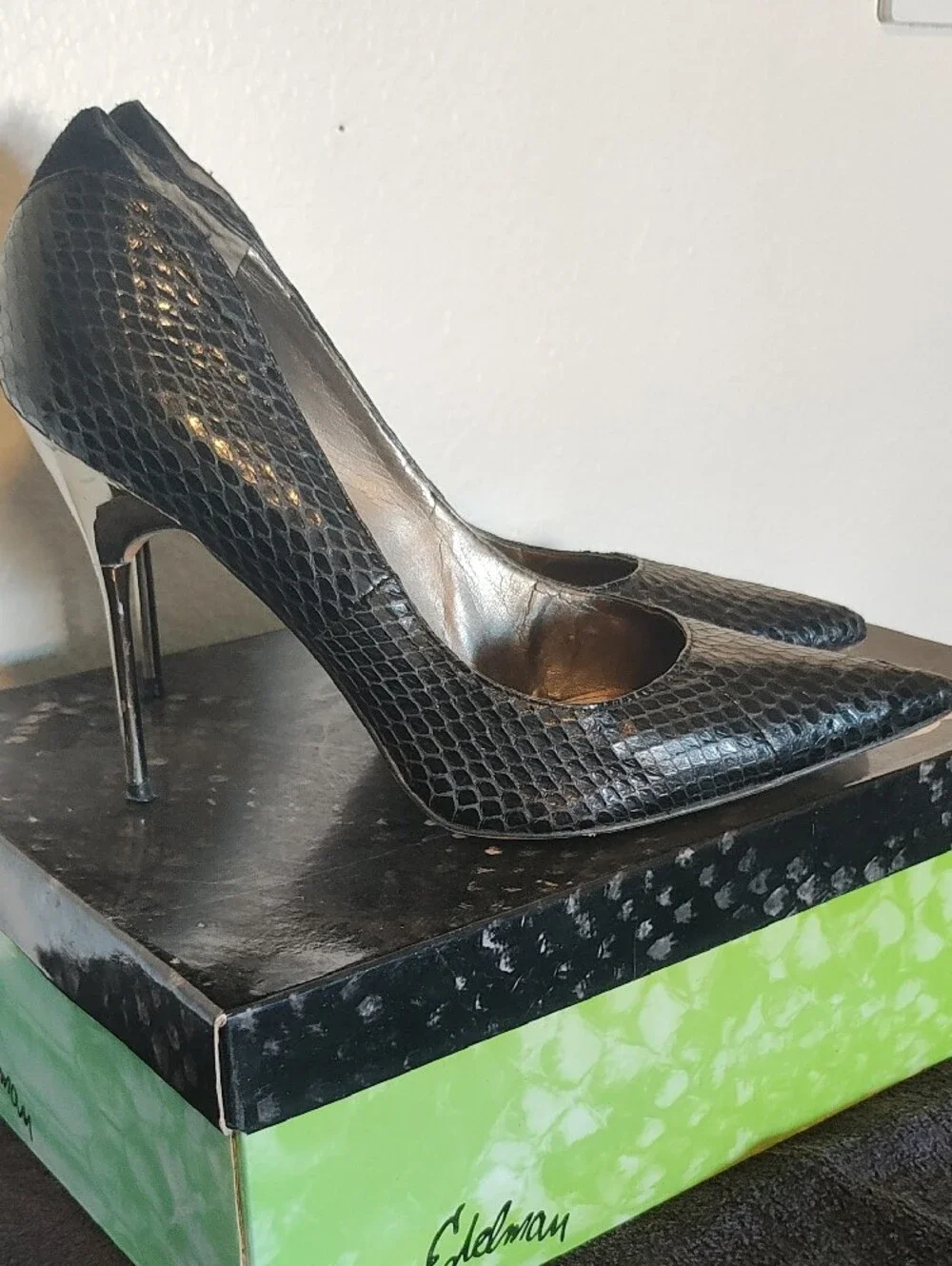 Black Pointed-Toe Snake-Print Stiletto Pumps Sam Edelman Ginger Heel
